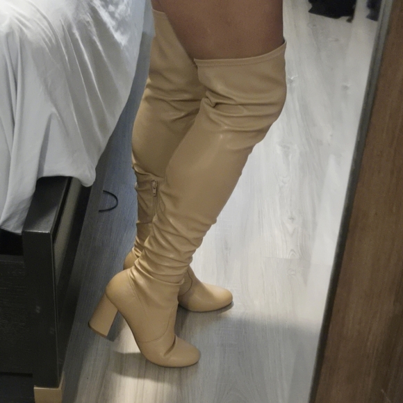 Women's Over The Knee Block Heel Boots Tan Sz 7.5 Faux Leather - Picture 1 of 11